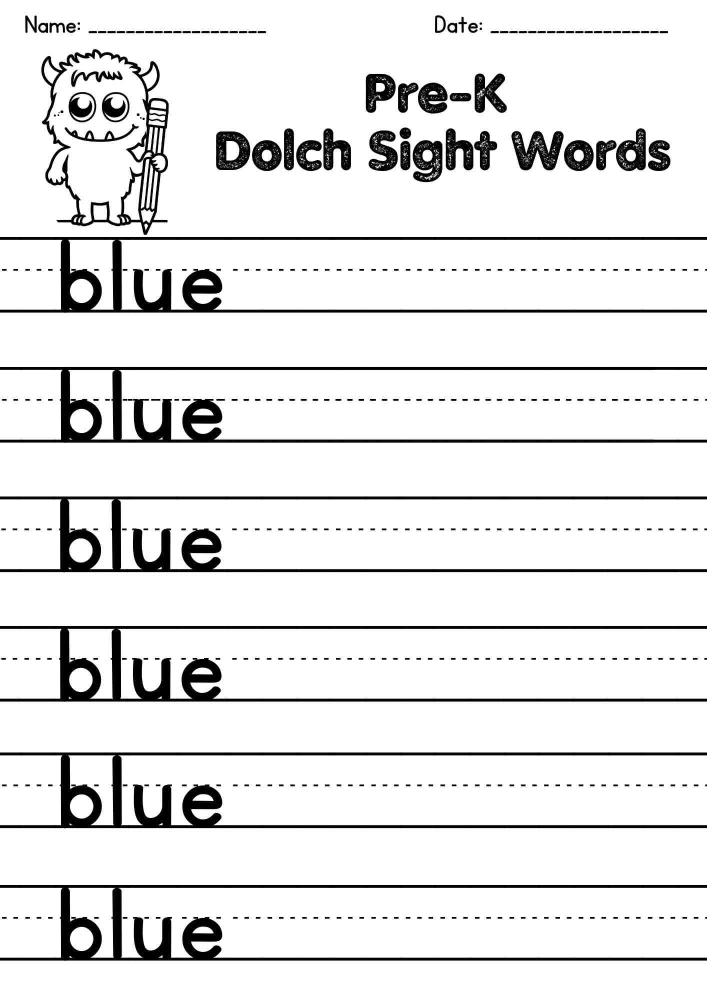 "blue" Dolch Sight Word Tracing Page Free PDF Download